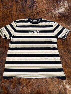 Guess Shirt Men’s Small Tan Black White Blue Stripe Crew Neck Preppy Cotton Knit